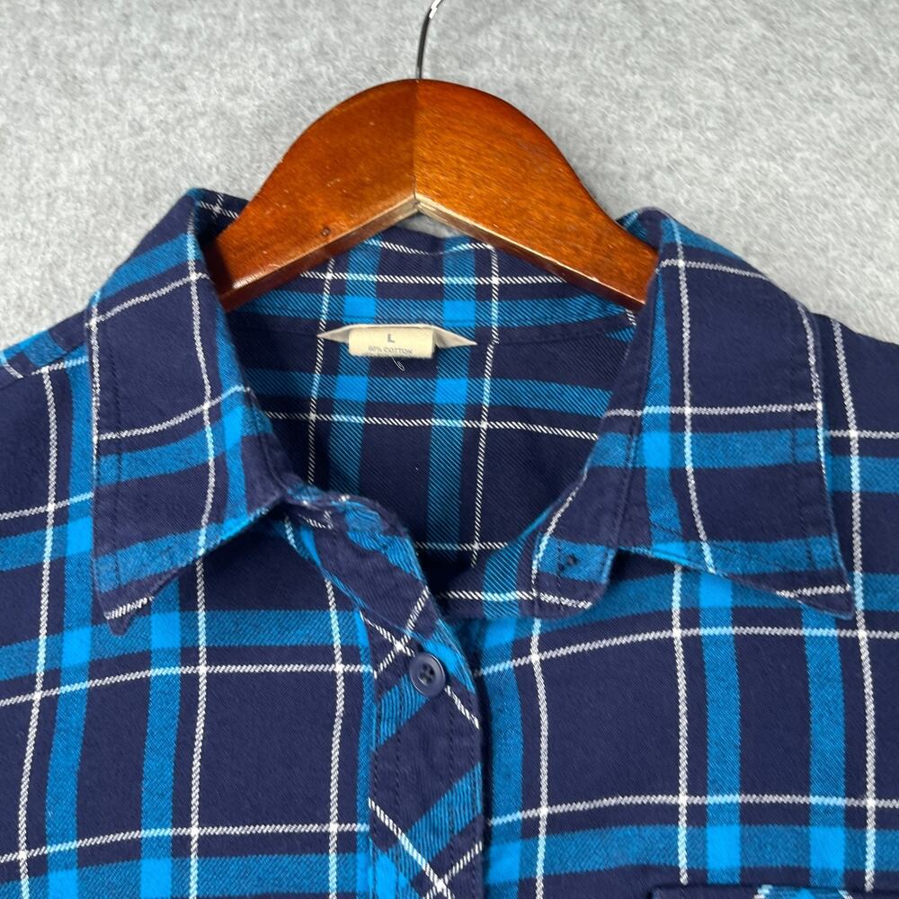 Duluth Trading Co Long Sleeve Button Down Shirt Womens Large Blue Plaid Roll Tab - Picture 5 of 15